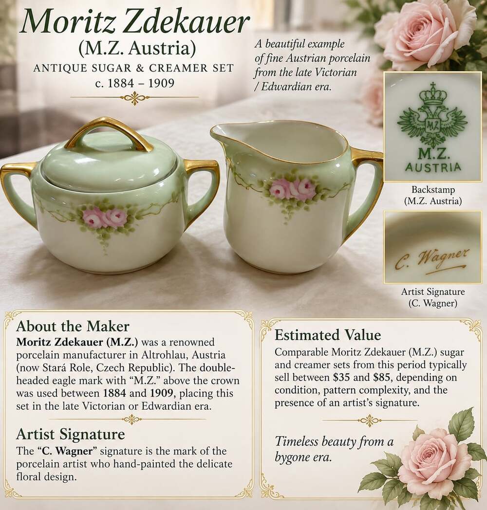 Antique MZ Austria Hand-Painted Porcelain Creamer and Sugar Bowl Set Mint Green
